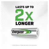 An image featuring Energizer Universal AA HR6 Rechargeable Batteries branding, tailored for environmentally aware users. The text above states, "LASTS UP TO 2x LONGER*," emphasizing its 1300mAh rechargeable power. A footnote at the bottom mentions that results may differ by device when used in digital cameras compared to basic alkaline batteries.