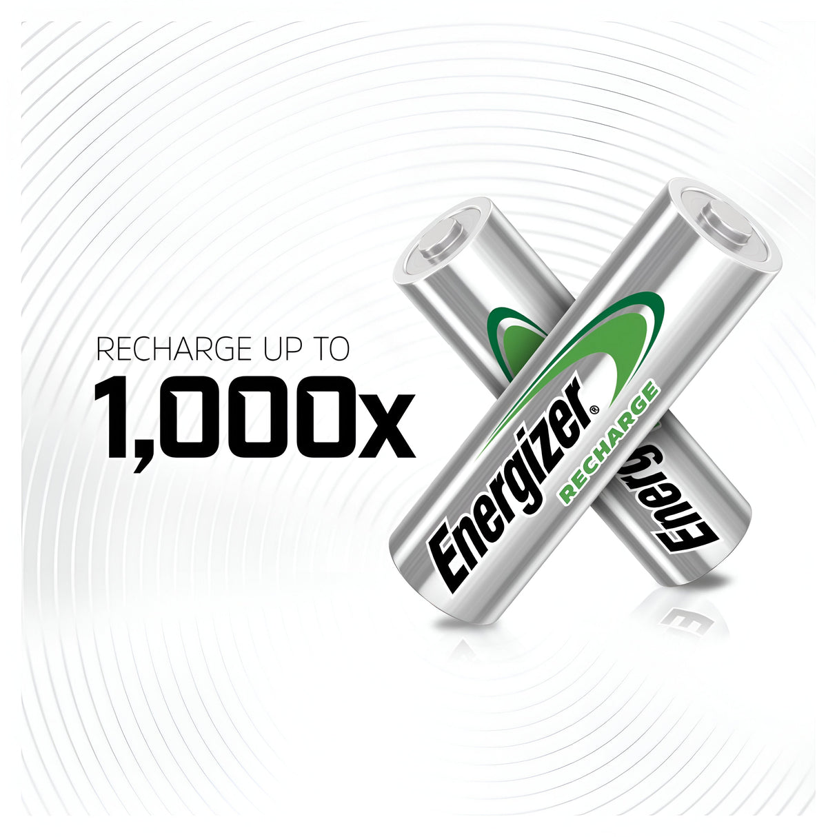 The image displays two Energizer Universal AA HR6 Rechargeable Batteries from a 4-pack, each with a 1300mAh capacity, crossed over each other. On the left, text reads "Recharge up to 1,000x" against a white background featuring circular lines. Perfect for the eco-conscious user, these batteries provide reliable and sustainable power for all your devices.