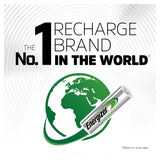 A promotional image features a green and white globe along with a rechargeable battery labeled Energizer. The text reads "The #1 Rechargeable Brand No. 1 in the World," emphasizing its eco-friendly design and the impressive capacity of the Energizer Universal AA HR6 Rechargeable Batteries 1300mAh (4 Pack), as supported by scan sales data.