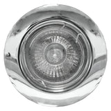 Close-up of a PowerMaster Recessed Downlight with a circular, chrome finish and transparent lens showcasing the GU10 lamp, designed to seamlessly blend into the ceiling.