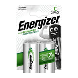 The packaging for Energizer Power Plus C HR20 Rechargeable Batteries 2500mA (2 Pack) highlights a set of two C batteries, offering a capacity of 2500mAh and containing 7% recycled content. The design includes an energetic battery character with a flexed arm, symbolizing vitality and dependability.