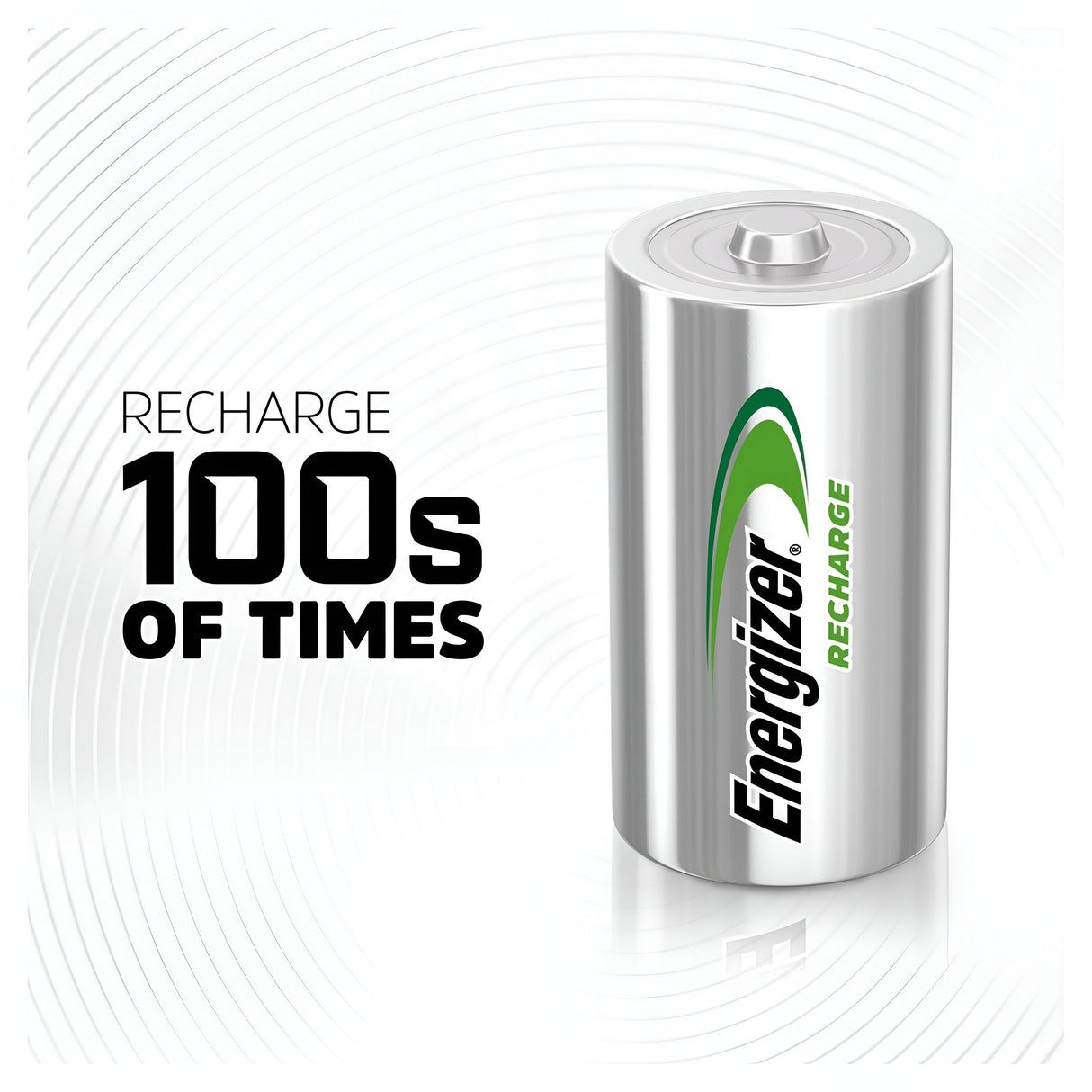 Image featuring Energizer Power Plus C HR20 rechargeable batteries, highlighting the capability to "RECHARGE 100s OF TIMES" in bold black letters against a crisp white background with circular lines, emphasizing their remarkable 2500mAh capacity.