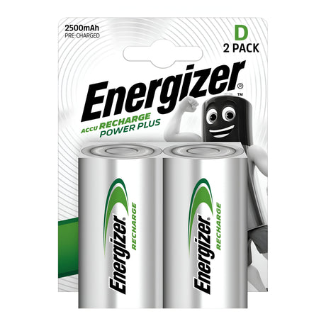 The packaging of Energizer Power Plus D Rechargeable Batteries 2500mAh (2 Pack) showcases a cheerful black battery character smiling and holding one of the batteries, with each battery prominently featuring the Energizer logo.