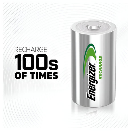 Image of an Energizer Power Plus D Rechargeable Battery with the text "Recharge 100s of times" on the left side. The battery features a green and white design, silver top and base, and boasts a 2500mAh capacity against a white background with circular patterns.