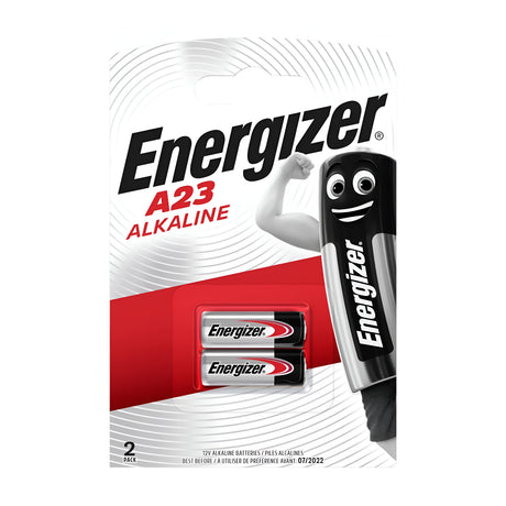 The Energizer A23 LRV08 Alkaline Battery (2 Pack) comes in a sleek red and white blister pack, showcasing two compact batteries. The packaging includes an illustration of a battery character with eyes and a smile, flexing an arm next to the prominent Energizer brand name.