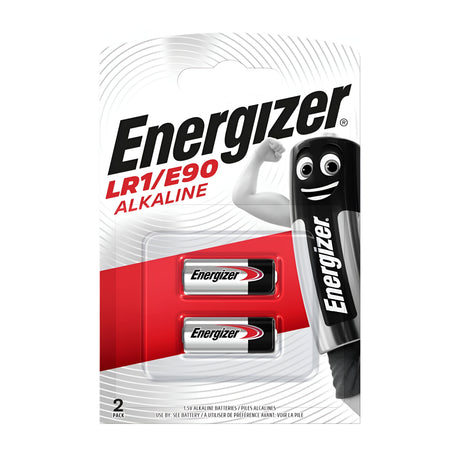 The packaging of the Energizer LR1/E90 Alkaline Batteries (2 Pack) emphasizes their long-lasting performance, showcasing two batteries adorned with the Energizer logo and featuring a cheerful cartoon battery character smiling and raising an arm.