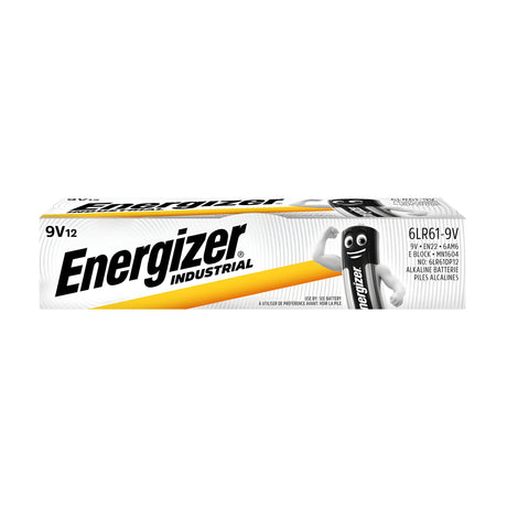 Image of an Energizer Industrial 9V PP3 Alkaline Batteries (12 Pack) box. The packaging features the Energizer logo, battery specifications, and a smiling battery character on the side. Designed for professional applications, the box is predominantly white with yellow and black accents.