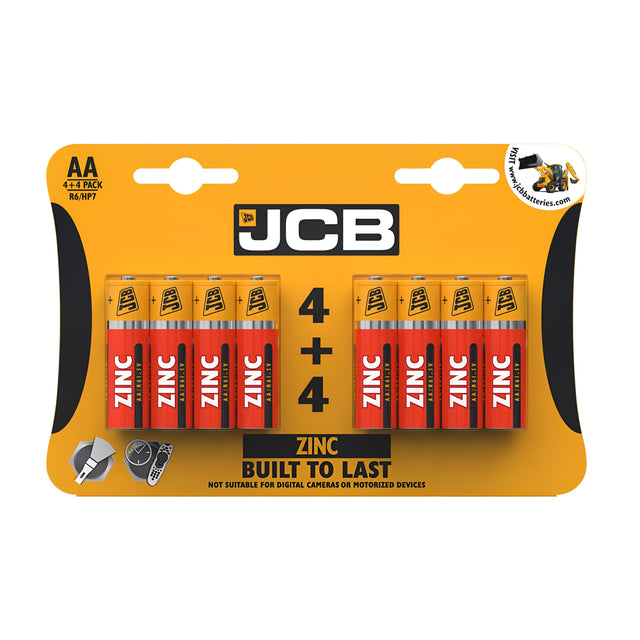 The JCB AA R6 Zinc Batteries (4+4 Pack) are packaged with a yellow cardboard backing highlighted by black accents, allowing you to view the dependable batteries through clear plastic. They are ideal for low-drain devices, featuring the text "Built to Last" and indicating that they are not suitable for digital cameras or motorized devices.