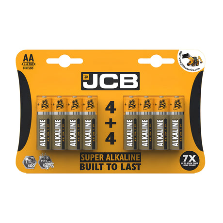 The packaging of the JCB AA LR6 Super Alkaline Batteries (4+4 Pack) proudly displays its super alkaline and long-lasting features. The pack contains eight batteries, arranged in two rows of four, with a striking yellow and black design showcasing the text "SUPER ALKALINE BUILT TO LAST" and "4 + 4.