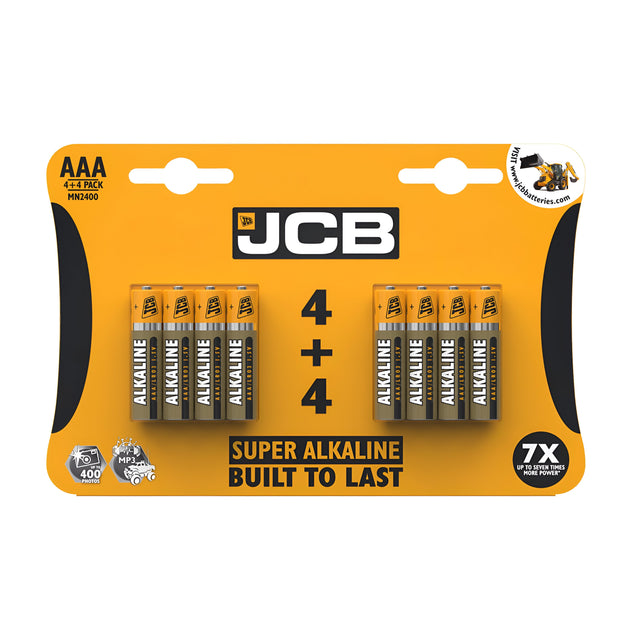 The JCB AAA LR03 Super Alkaline Batteries (4+4 Pack) includes eight AAA batteries, prominently featuring "4 + 4" on the packaging. These batteries are advertised to last seven times longer than their competitors and ensure durability. The packaging is designed with a striking orange and white background.