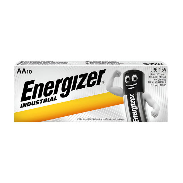 The packaging of the Energizer Industrial AA LR6 Alkaline Batteries (10 Pack) features a cheerful character that resembles a battery, complete with a smiling face and arms. The box is decorated in a yellow and white color scheme, prominently displaying the brand name and promising reliable energy with AA LR6 Alkaline technology.