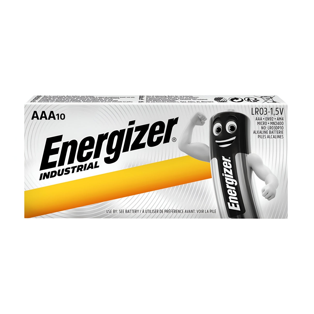 A package of Energizer Industrial AAA LR03 Alkaline Batteries (8 Pack) features a cartoon battery mascot with arms and a smile, promising long-lasting power. The front of the pack prominently displays the Energizer logo alongside detailed product information.