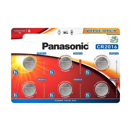 Panasonic CR2016 Lithium Coin Batteries - 6 Pack retail pack