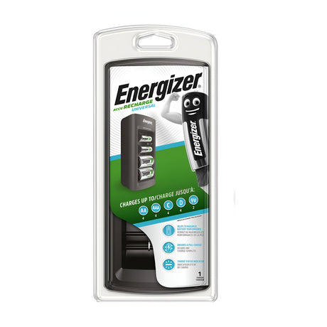 Image of the Energizer Universal Battery Charger in its packaging. The label indicates it can fast charge AA, AAA, C, D, and 9V batteries. Equipped with safety features for dependable use, the transparent package showcases the charger inside.