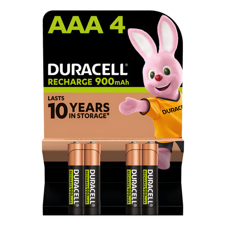 The packaging of the Duracell AAA HR03 Rechargeable Batteries 900mAh (4 Pack), adorned with the iconic Duracell bunny mascot, contains four NiMH batteries with a 900mAh capacity and Long-Life Ion Core technology, ensuring they last for 10 years in storage.