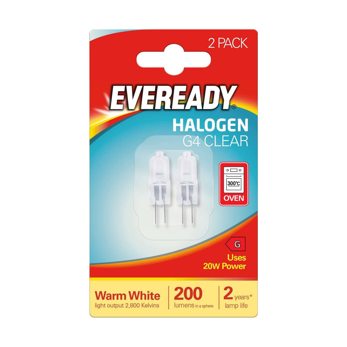 G4 Halogen Capsule Bulb 20W 200lm - Warm White 2800K, 2 Pack