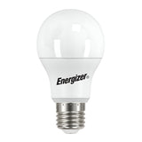 The Energizer 7.3W Dimmable LED GLS Bulb in warm white features a rounded top and an E27 silver screw base, offering customizable lighting with its dimmable functionality at a color temperature of 2700K.