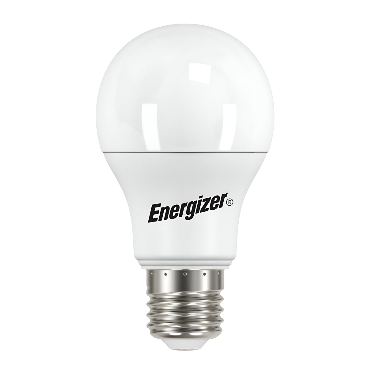 A non-dimmable, energy-efficient LED bulb with a white, rounded shape and a standard E27 screw base from the Energizer brand. Its smooth, shiny surface reflects light beautifully. This 7.3W GLS bulb offers daylight illumination at 6500K on a white backdrop, providing ideal brightness for any room.