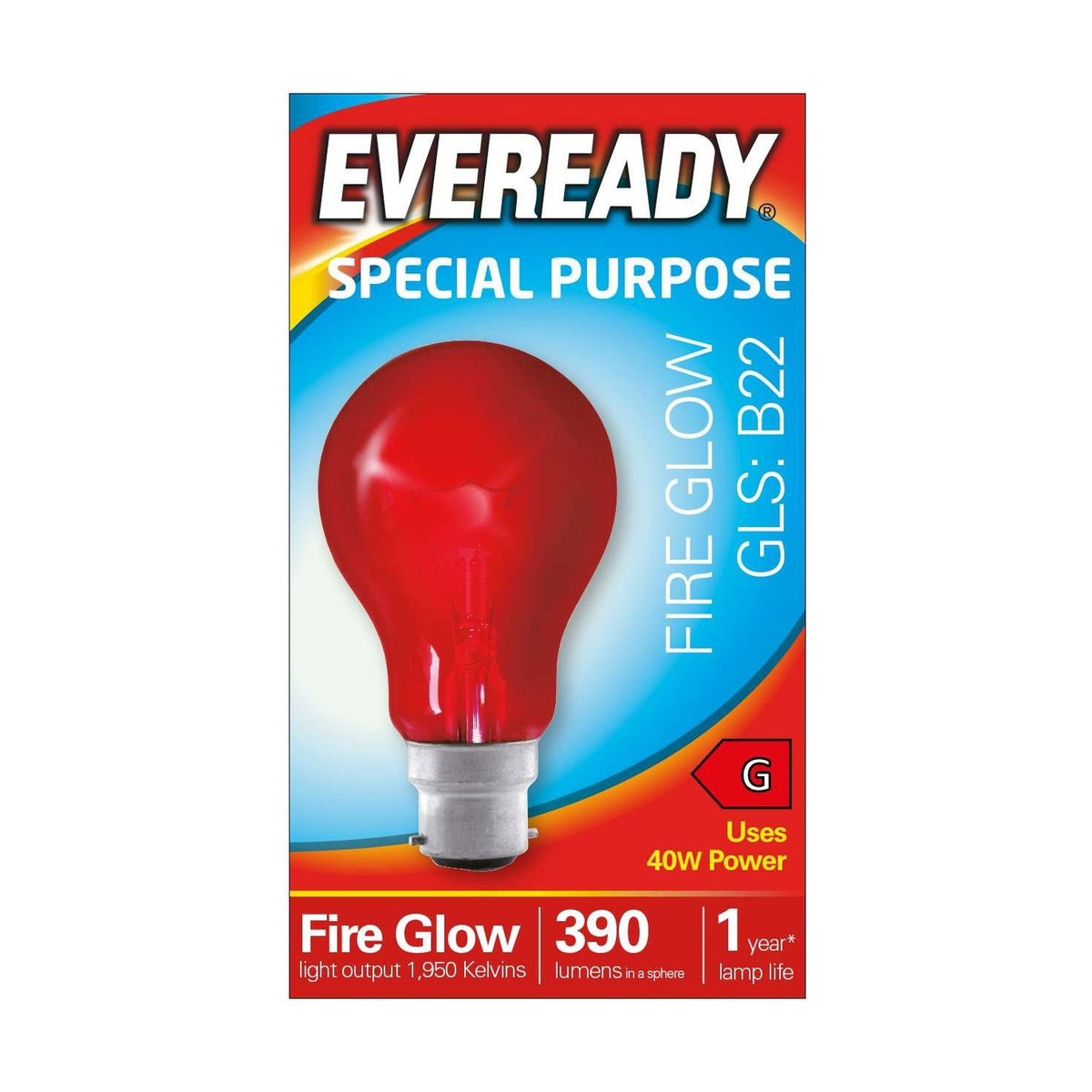 B22 (BC) GLS Bulb 40W 390lm Non-Dimmable - Fire Glow Red 1,950K retail pack