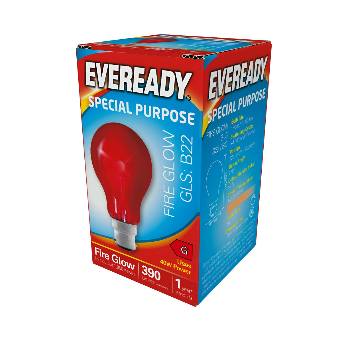 An Eveready Special Purpose Fireglow Light Bulb in red is packaged in a box highlighting its status as a 40W bulb with a B22 base. The packaging features predominantly blue design elements with vibrant red and yellow accents, making this 1950K non-dimmable bulb perfect for decorative lighting.
