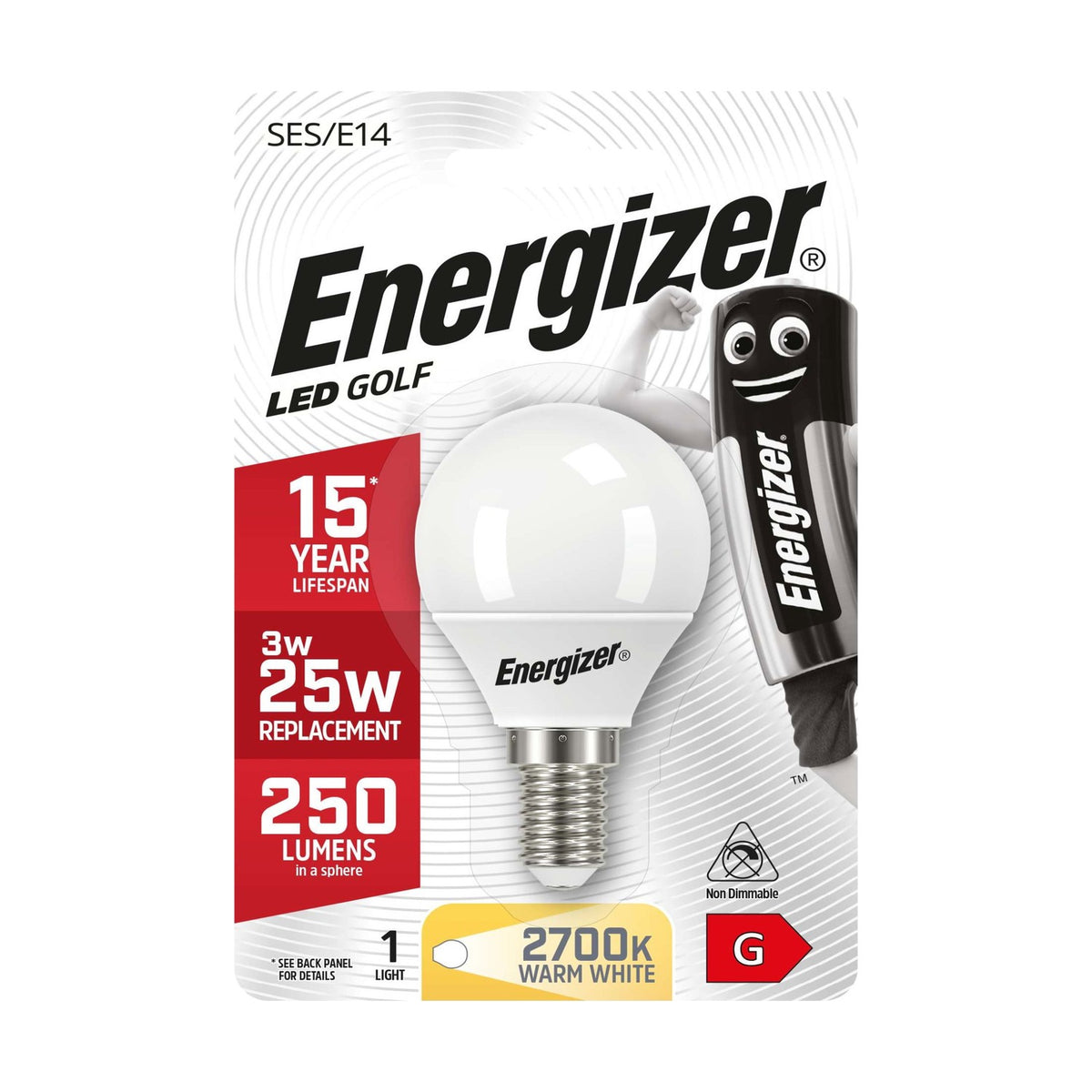 E14 (SES) LED Golf Bulb 3W 250lm Non-Dimmable - Warm White 2700K