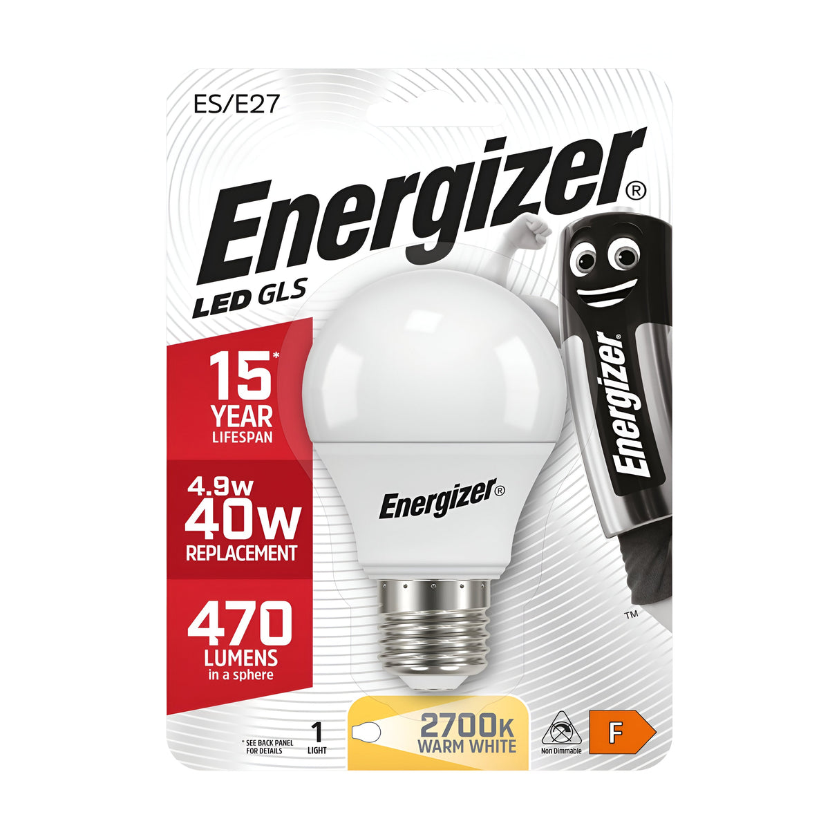 The packaging of the Energizer 4.9W Non-Dimmable LED GLS Bulb - Warm White, E27, 2700K emphasizes its energy efficiency features, including a warm white glow with a temperature of 2700K, a lifespan of 15 years, and an output of 470 lumens. A whimsical cartoon battery character is prominently displayed on the right side.