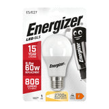 An Energizer 8.8W Non-Dimmable LED GLS Bulb in Warm White, featuring energy-efficient LED technology and boasting a 15-year lifespan. It uses 8.8W power output equivalent to a traditional 60W bulb, emitting 806 lumens of warm white light with an E27 screw cap, complete with the iconic Energizer mascot on the packaging.