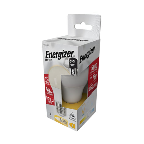 An Energizer 9.5W Non-Dimmable LED GLS Bulb in white is displayed in its packaging, highlighting energy-efficient features such as a 15,000-hour lifespan, 1521 lumens brightness, and warm white illumination at 2700K. It uses just 9.5W of power compared to a traditional 75W bulb, with the box also featuring a convenient carrying handle.