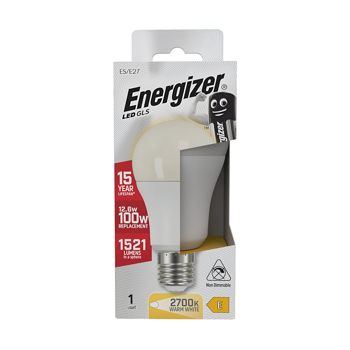 The packaging of the Energizer 12.6W Non-Dimmable LED GLS Bulb - Warm White, E27, 2700K emphasizes its energy efficiency with a lifespan of 15 years. It delivers 1521 lumens and features white and gray tones with red accents, along with a playful cartoon battery graphic to highlight its capabilities.