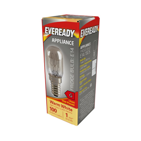 The image shows a red and gray box featuring an Eveready 15W non-dimmable fridge bulb with an E14 base. This incandescent bulb provides warm white light with a color temperature of 2800K. The packaging includes an illustration of the bulb along with key product information.