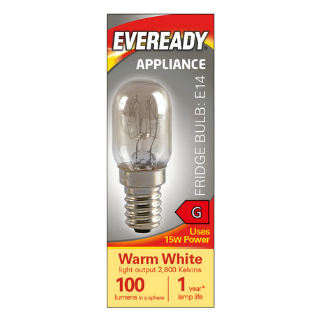 The packaging of the Eveready 15W Non-dimmable Fridge Bulb showcases its warm white color with a temperature of 2800K. It features an E14 base, delivers a light output of 100 lumens, and consumes 15 watts of power. The bulb is designed to last for approximately one year and has an energy rating of G.