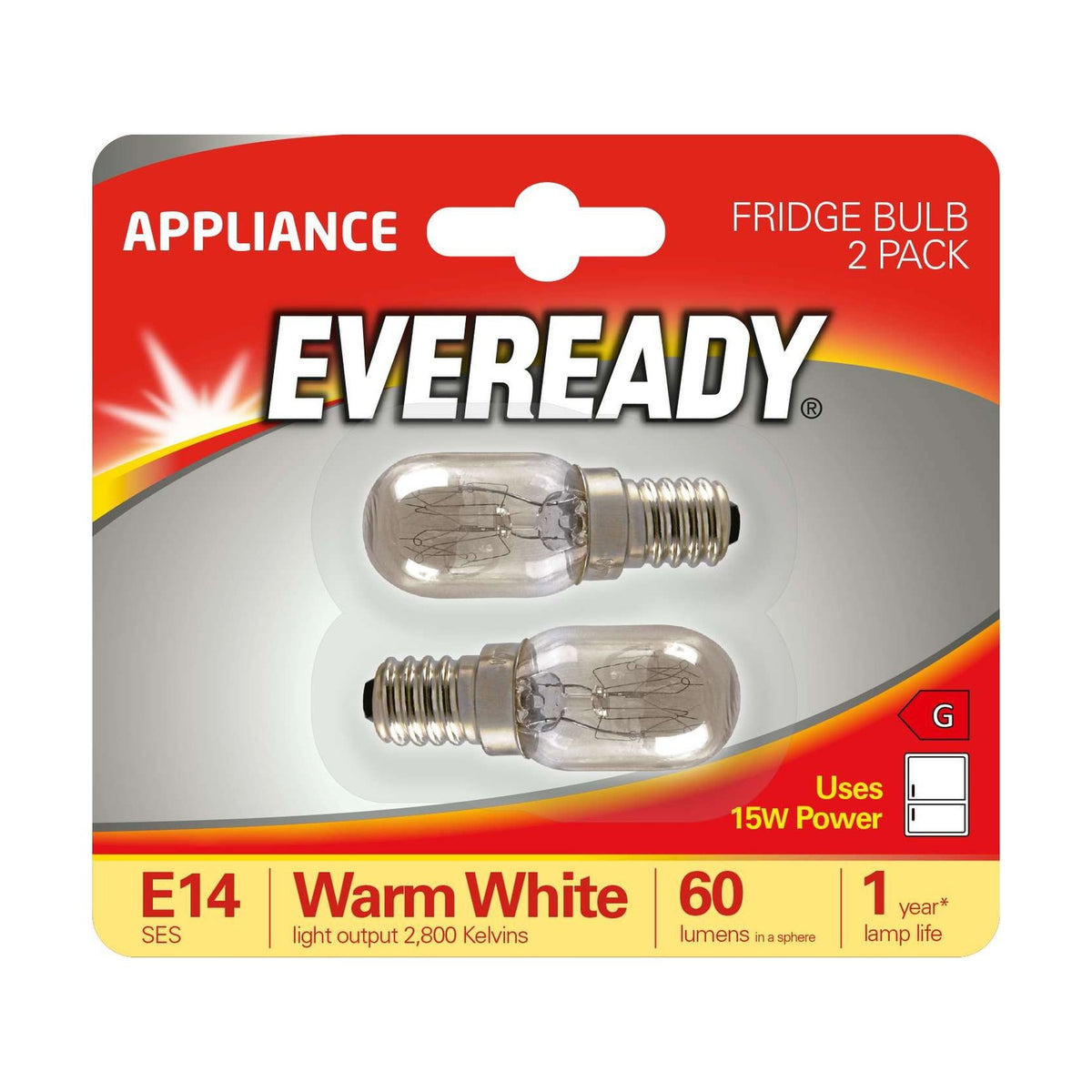 E14 (SES) Fridge Bulb 15W 60lm - Warm White 2800K, 2 Pack retail pack