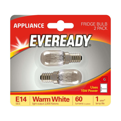 E14 (SES) Fridge Bulb 15W 60lm - Warm White 2800K, 2 Pack retail pack
