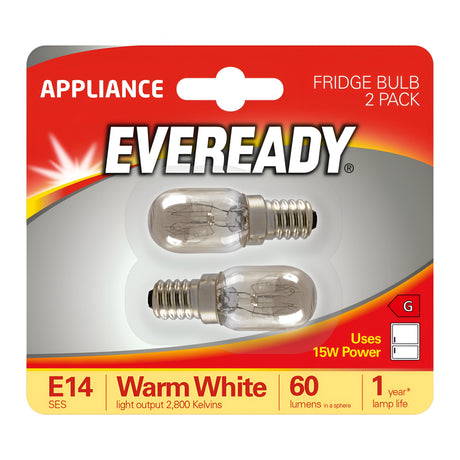 The Eveready 15W Non-dimmable Fridge Bulb package contains two E14 base incandescent bulbs, providing warm white light at 2800K with a brightness of 60 lumens and a power consumption of 15W. The packaging features a sleek red and white color scheme with an accentuating yellow-orange gradient design, ensuring reliable use for up to one year.