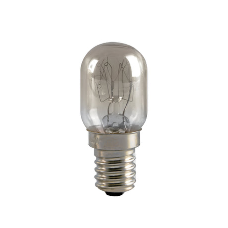 Against a plain white background stands an Eveready 15W non-dimmable fridge bulb, featuring a clear glass design that reveals the internal filaments and structure. It comes with a small E14 screw base and emits a warm white light at 2800K.