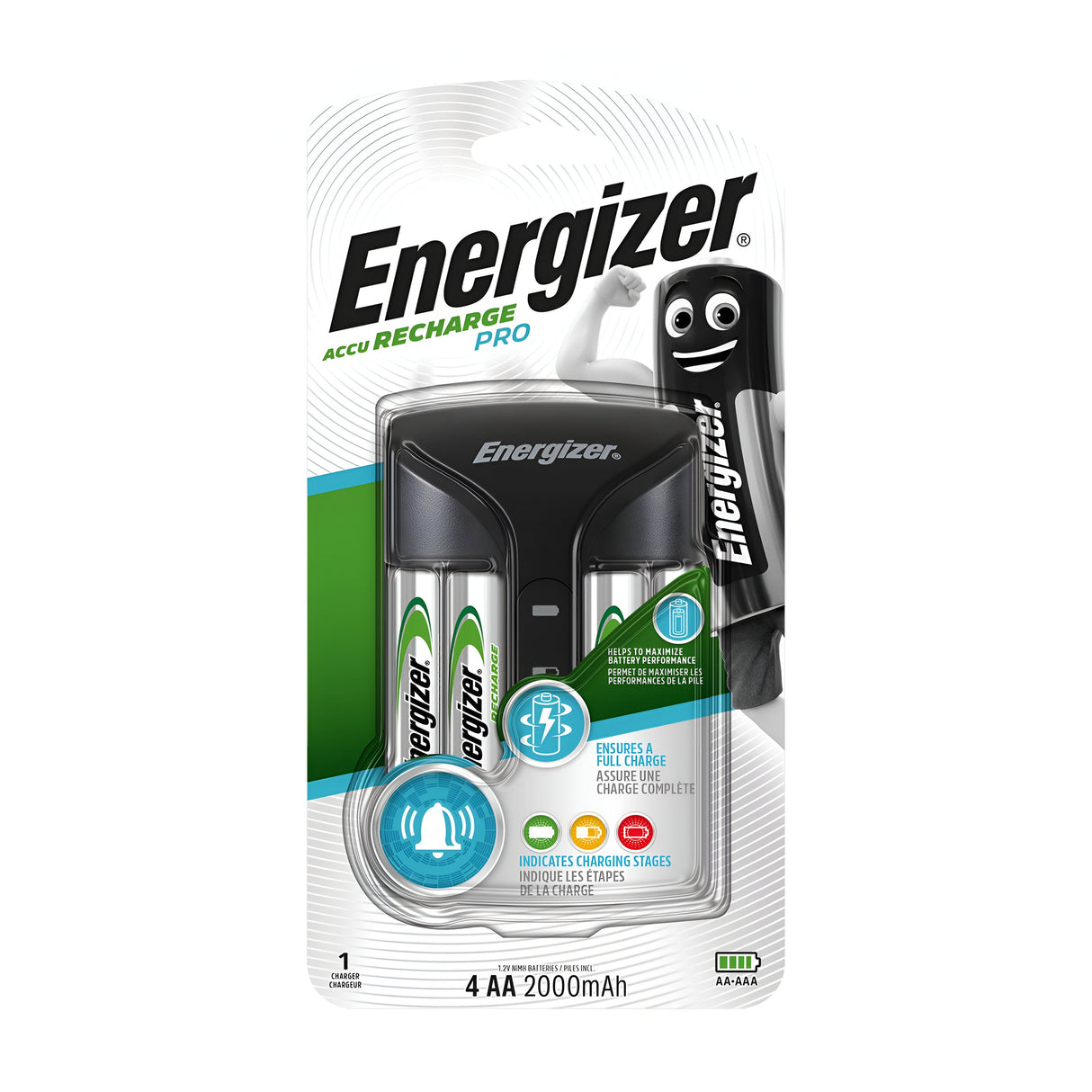 The Energizer Pro Charger with 4 AA 2000mAh Batteries comes packaged with a cheerful battery character on the right side of the design, displaying icons for charging stages, overcharge protection, and battery compatibility.