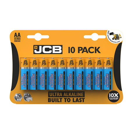 A pack of 10 JCB AA LR6 Ultra Alkaline Batteries comes in vibrant blue and orange packaging, adorned with the slogan "Built to Last." Ideal for high-demand devices, the packaging features a small image of construction machinery in the top right corner, promising long-lasting energy.