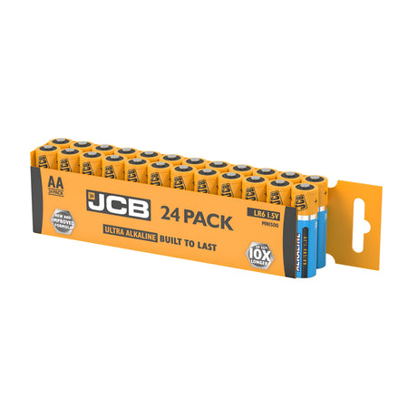 The JCB AA LR6 Ultra Alkaline Batteries (24 Pack) in orange and black packaging are perfect for high-demand devices. These batteries emphasize their 1.5V power and feature a "Built to Last" promise, offering 10x longer performance, making them ideal for energy-intensive devices.