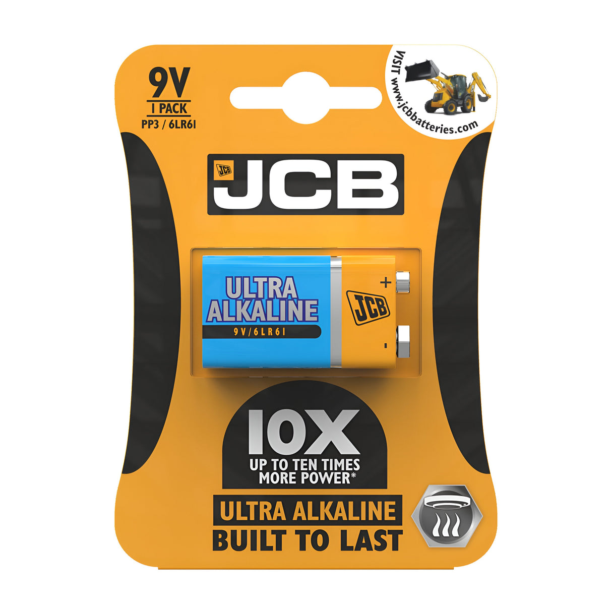 The packaging for the JCB Ultra 9V PP3 6LR61 Alkaline Battery (1 Pack) features a bold yellow and black design with an image of a blue battery. The text highlights Long-lasting Power, providing up to 10 times more power and durability. It also includes a website link and safety icons.