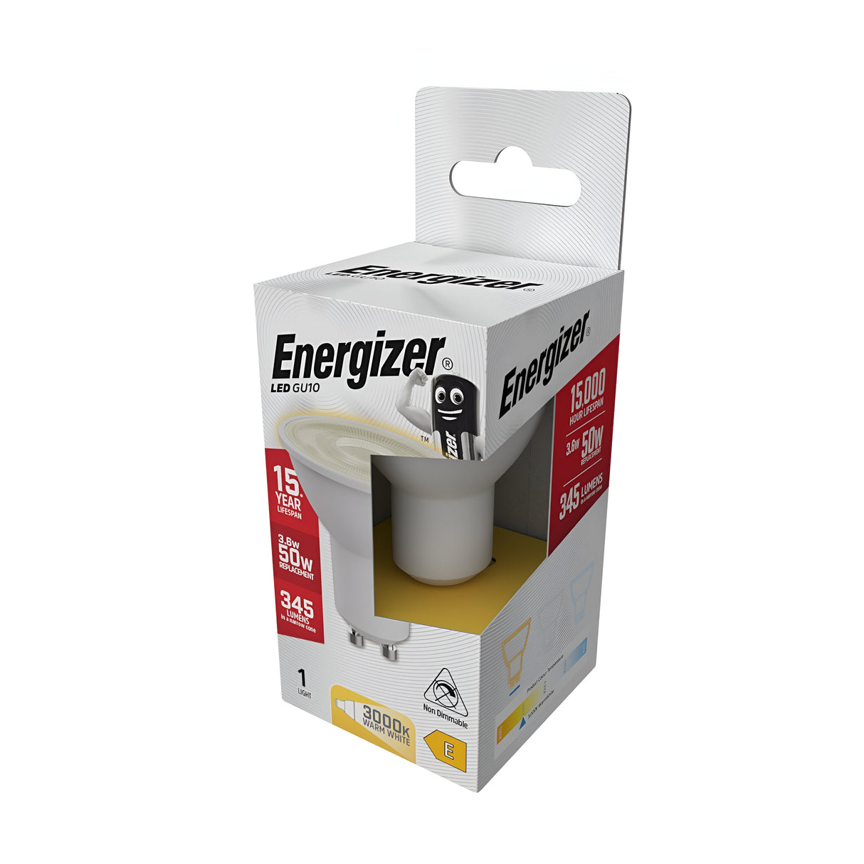 The Energizer-1 3.6W GU10 Non-Dimmable LED Bulb in warm white at 3000K is packaged with a promise of a 15,000-hour lifespan and an output of 345 lumens. Its packaging features a white box adorned with black and red text alongside a cartoon light bulb character.