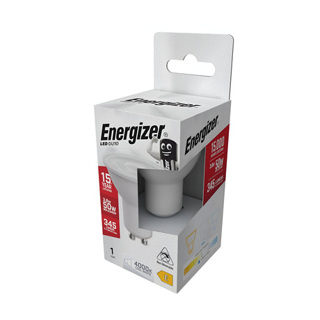 A 3D-rendered image of the Energizer 3.6W GU10 Non-Dimmable LED Bulb package in Cool White, 4000K. The packaging emphasizes energy efficiency, delivers a cool white glow, and highlights key features such as a 15,000-hour lifespan and brightness of 345 lumens. It includes a mock-up of the bulb along with the iconic Energizer mascot on the box.