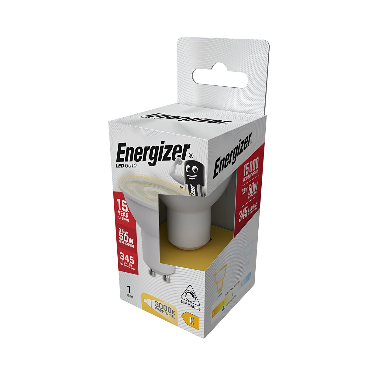 The packaging of the Energizer 3.6W GU10 Dimmable LED Bulb highlights its standout features: a long-lasting 15,000-hour lifespan, dimmable functionality, and performance equivalent to a 50W bulb with an output of 345 lumens in warm white light at 3000K. The front is playfully embellished with a cheerful cartoon battery character.