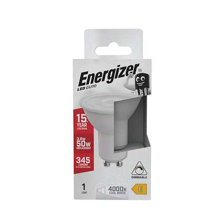 The Energizer 3.6W GU10 Dimmable LED Bulb - Cool White, 4000K is presented in its packaging as an energy-efficient lighting solution with a 15-year lifespan, delivering 345 lumens of cool white light. The package features a playful bulb character illustration.