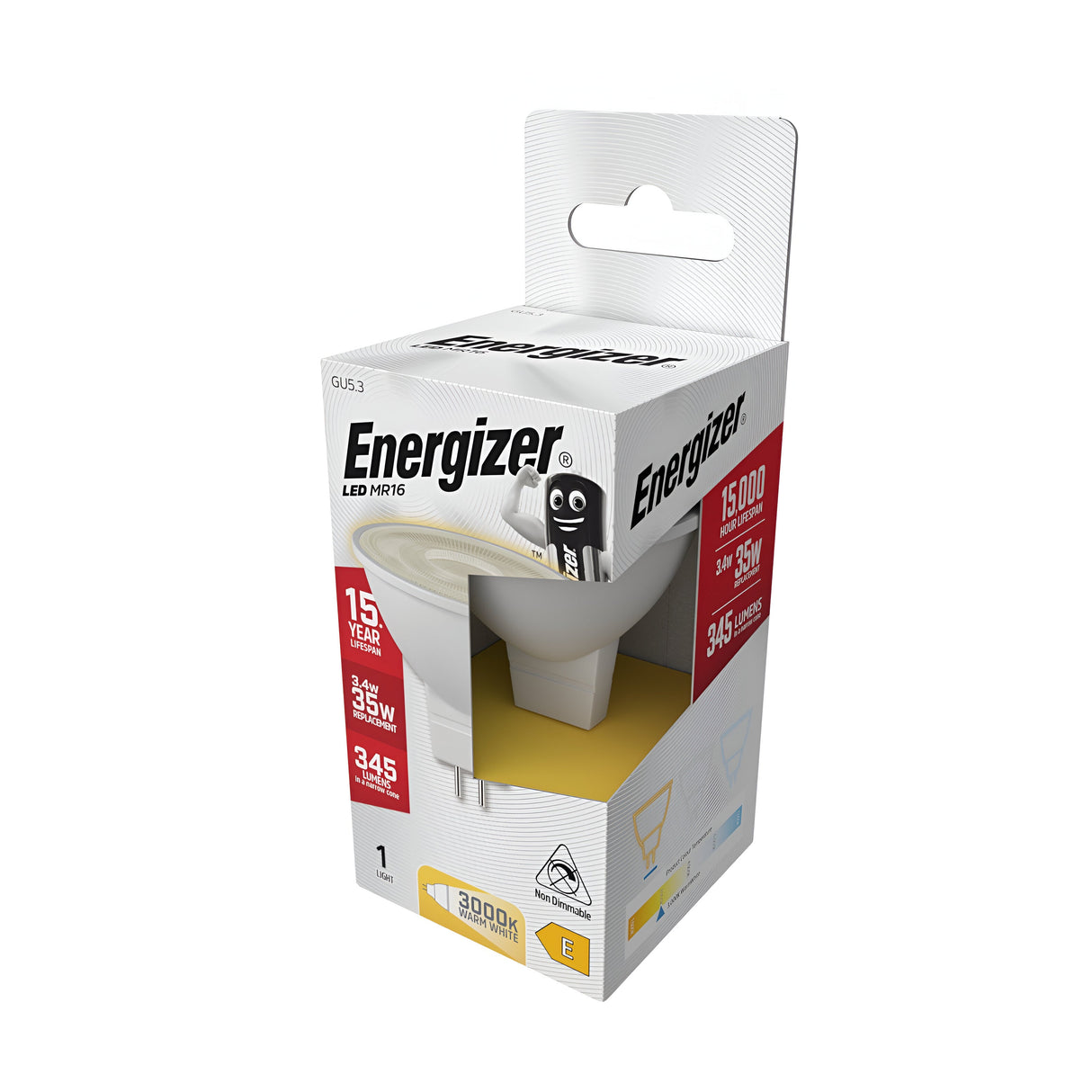 The Energizer 3.4W Non-Dimmable MR16 LED Bulb packaging highlights its energy-efficient lighting, featuring a warm white 3000K color temperature. The box outlines its 15-year lifespan, comparing its performance to a 35W halogen bulb while providing 345 lumens and lasting for up to 15,000 hours in an attractive white and yellow design.