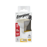 The packaging of the Energizer 3.4W Non-Dimmable MR16 LED Bulb - Warm White, 3000K highlights its energy efficiency and impressive 15-year lifespan. This bulb, which uses only 3.4 watts to produce light equivalent to a traditional 35-watt bulb, delivers 345 lumens of warm white light at a color temperature of 3000K. It features a GU5.3 base and comes in non-dimmable form, with an eye-catching design featuring white as well as yellow and red accents on the package.