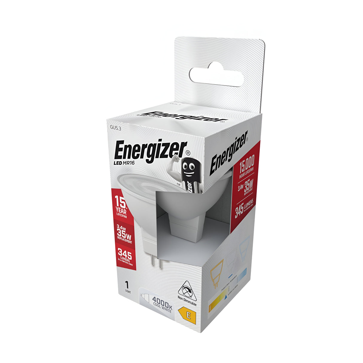 The packaging for the Energizer 3.4W Non-Dimmable MR16 LED Bulb emphasizes its 15-year lifespan and energy efficiency. It offers cool white lighting at 4000K, delivering a brightness of 345 lumens while using only 3.4W. The image suggests the bulb is securely placed in the box.