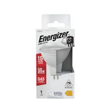 The Energizer 3.4W Non-Dimmable MR16 LED Bulb - Cool White, 4000K, offers an energy-saving solution with features such as a 15-year lifespan, a 3.4W power usage equivalent to a traditional 35W bulb, output of 345 lumens in cool white lighting at 4000K color temperature, and an energy efficiency rating of E.