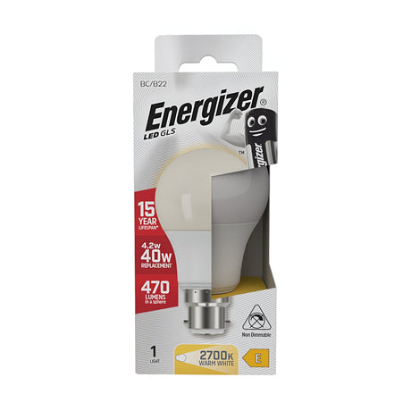 The Energizer 4.2W Non-Dimmable LED GLS Bulb - Warm White, B22, 2700K packaging highlights its outstanding energy efficiency, providing a lifespan of 15 years while only using 4.2 watts to replace a standard 40-watt bulb. It emits a warm white glow at 2700K with a brightness of 470 lumens, is non-dimmable, and fits BC/B22 base fittings.