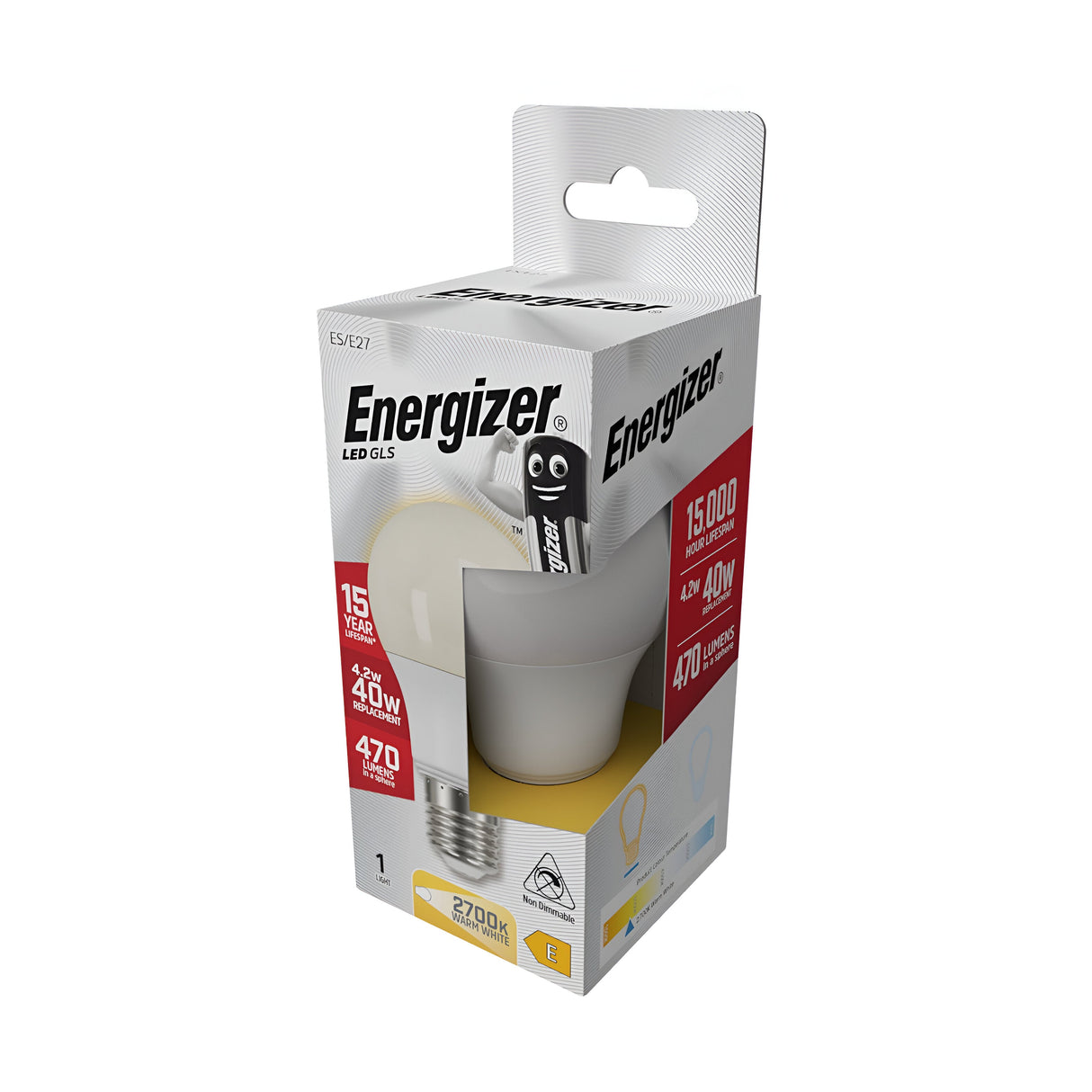 A box of Energizer 4.2W Non-Dimmable LED GLS Bulbs, in warm white and with an E27 base, presents a single bulb featuring an energy efficiency of 470 lumens and a color temperature of 2700 Kelvin. It is designed to be energy-saving, equivalent to a 40W bulb, and offers an impressive lifespan of 15,000 hours. The packaging proudly displays the iconic Energizer logo along with an image of the stylish bulb.