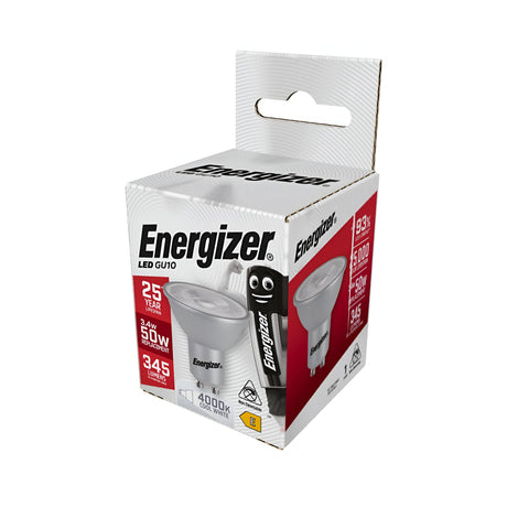 The packaging for the Energizer 3.4W GU10 Non-Dimmable LED Bulb - Cool White, 4000K is stylishly designed in white with striking red accents. It features the cheerful battery mascot and prominently displays key specifications such as 345 lumens, cool white light at a color temperature of 4000K, a remarkable energy efficiency offering 93% savings, and an impressive lifespan of up to 25 years.